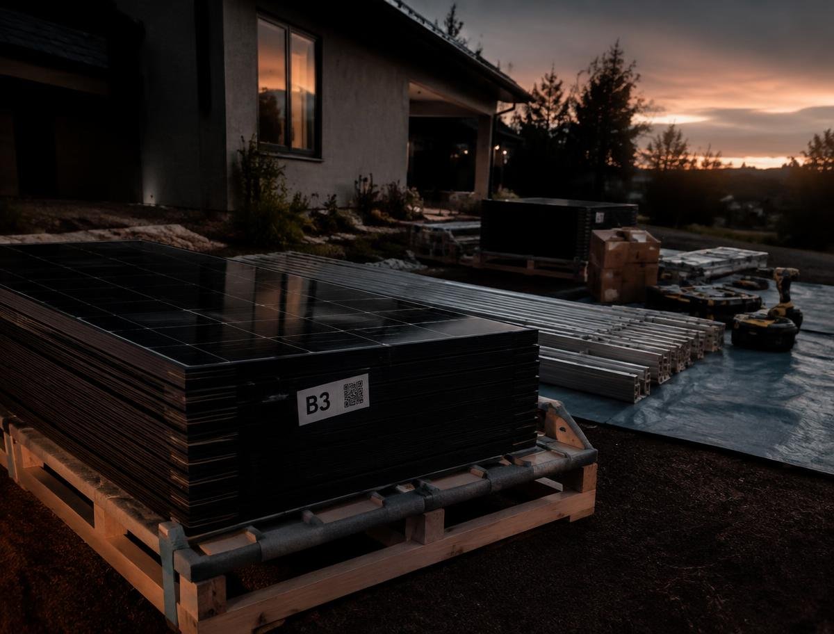 Solar panels labeled and stacked on padded staging racks
