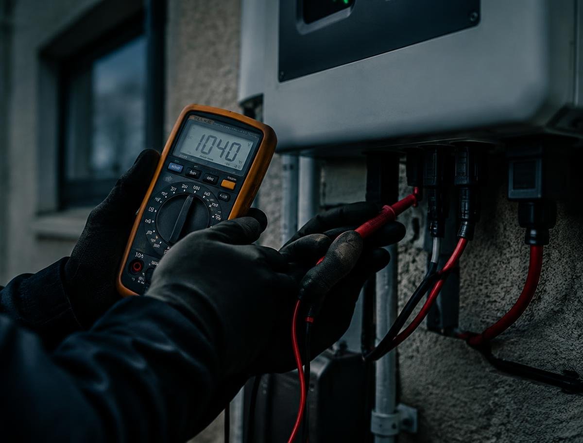 Technician testing solar inverter wiring with a multimeter