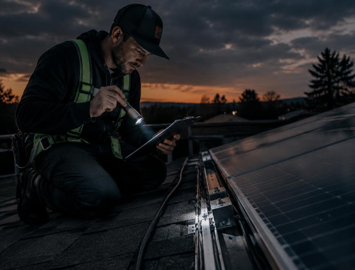 Technician inspecting solar mounting rails and wiring