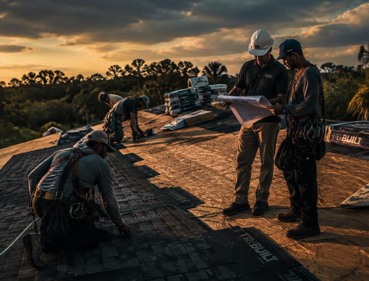 Solar lead reviewing plans with a roofing foreman on a roof