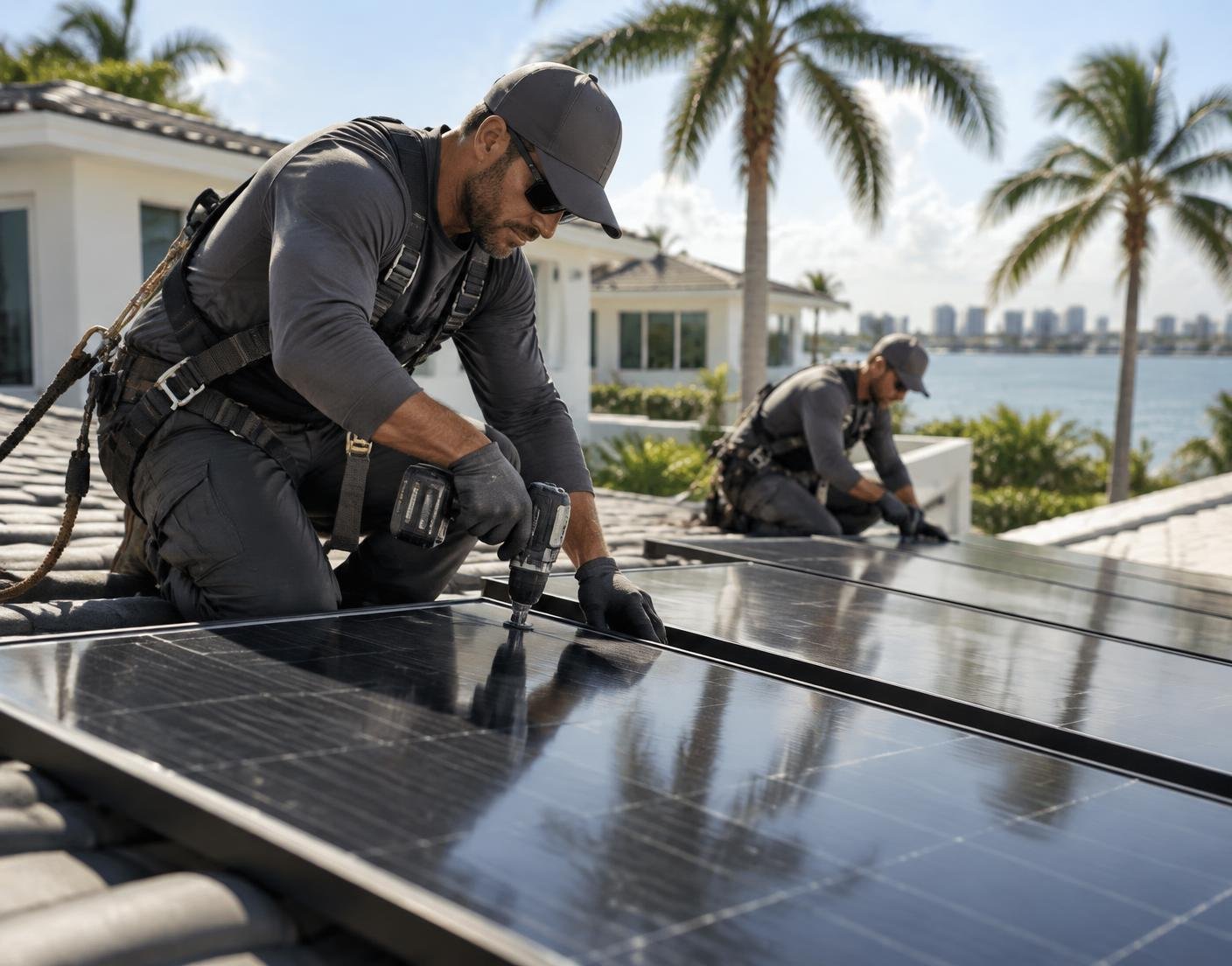 Solar professionals working together on a residential roof